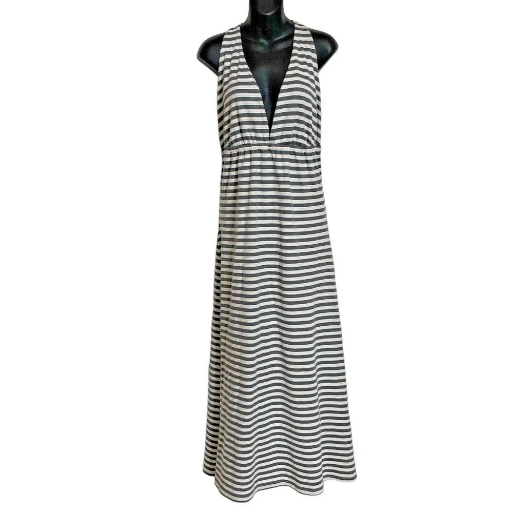 Lover + Friends Striped Grey Cream‎ Jersey Halter Maxi Long Dress Size Large